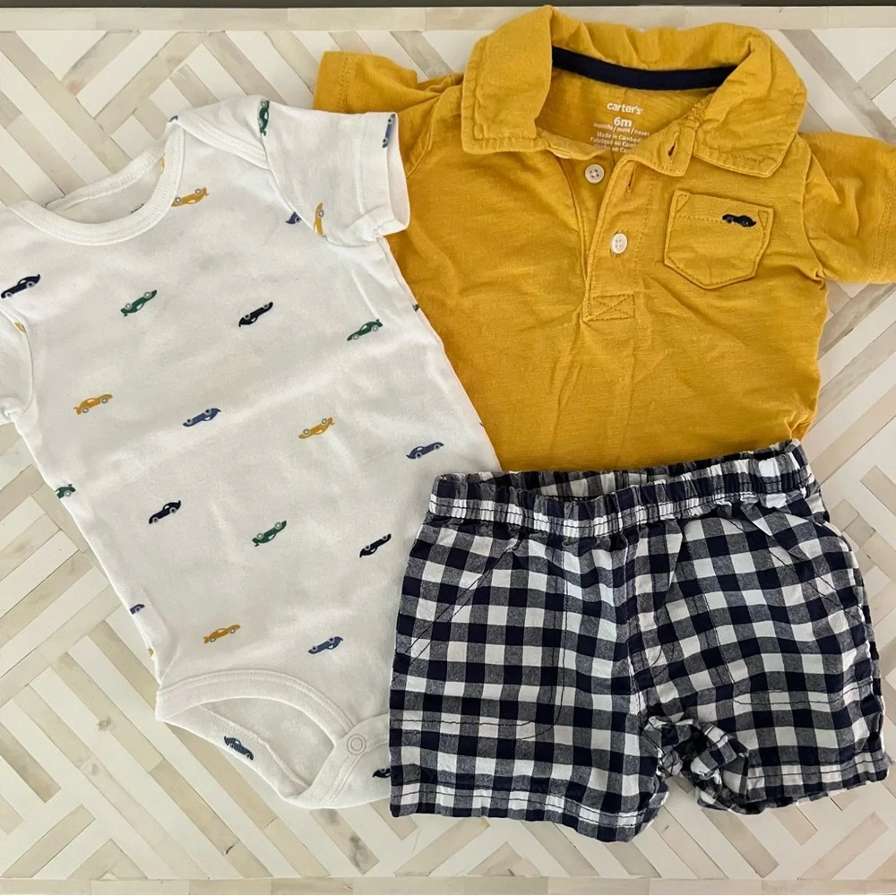 CARTERS Car Polo, Onesie & Shorts 3-piece Set, 6mo